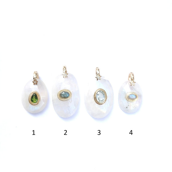 CHARM Moonstone sertie Tourmaline, Labradorite ou Topaze blanche, bélière diamant, argent 925 plaqué or