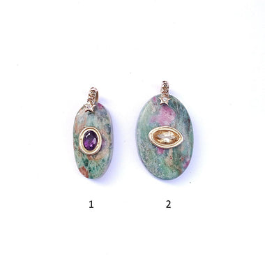 CHARM Rubis Fuschite serti Améthyste ou Citrine, bélière diamant, argent 925 plaqué or