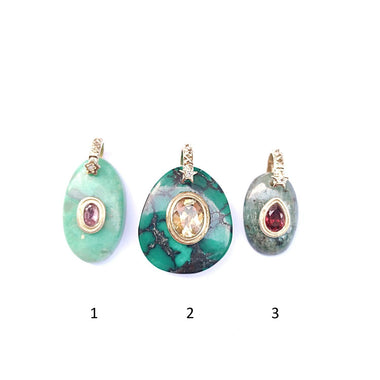 CHARM Turquoise ou Fuschite, bélière diamant, argent 925 plaqué or