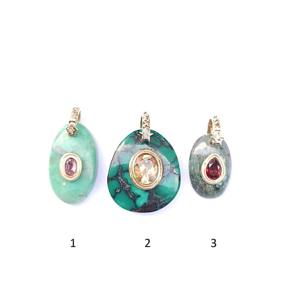 CHARM Turquoise ou Fuschite, bélière diamant, argent 925 plaqué or