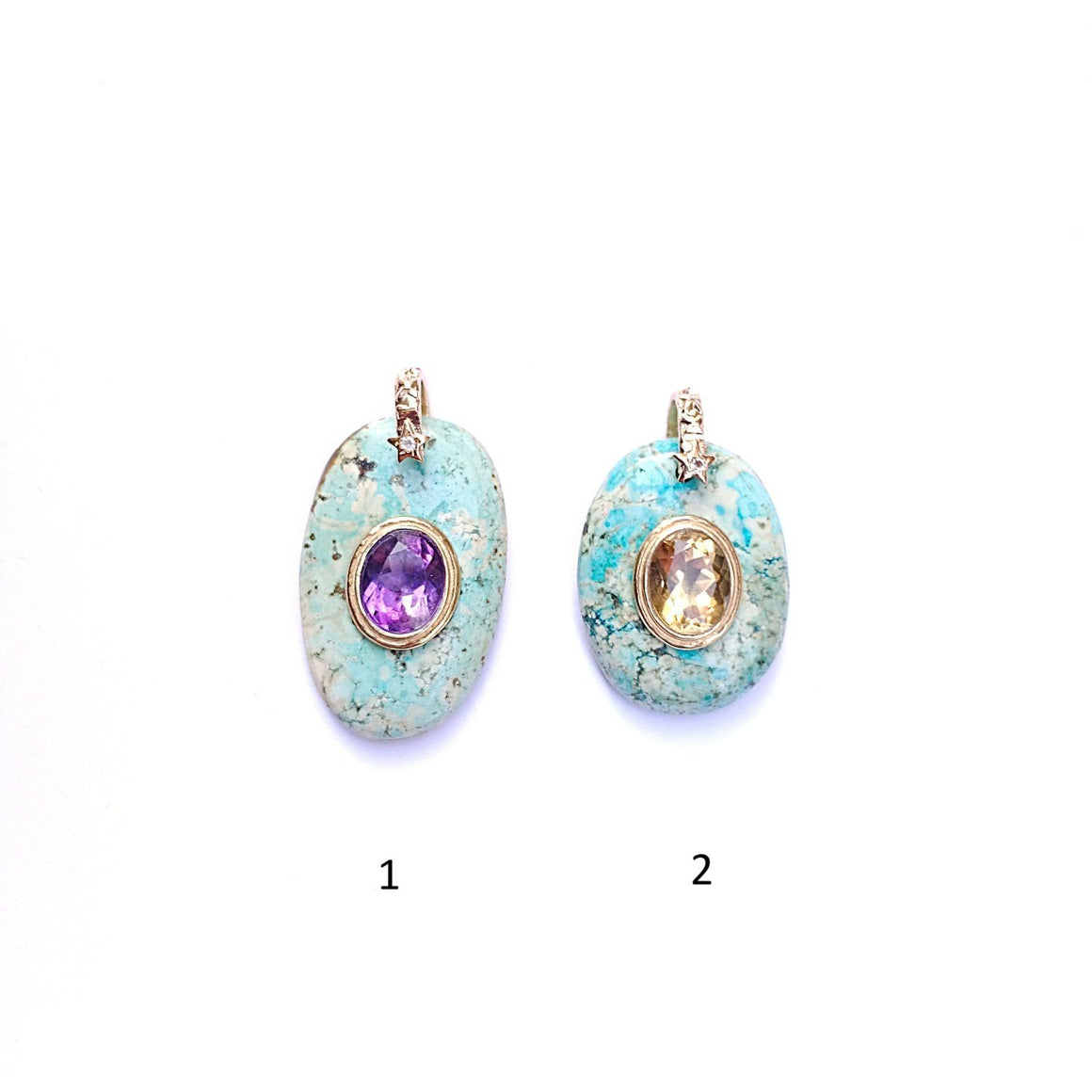 CHARM TURQUOISE sertie Améthyste ou Citrine, bélière diamant, argent 925 plaqué or