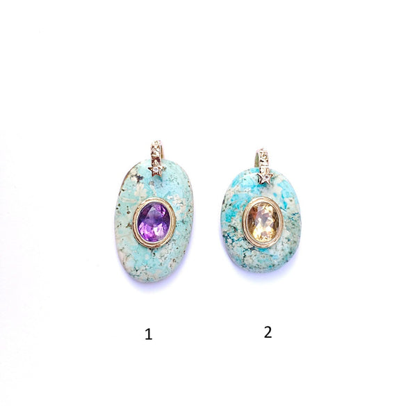 CHARM TURQUOISE sertie Améthyste ou Citrine, bélière diamant, argent 925 plaqué or