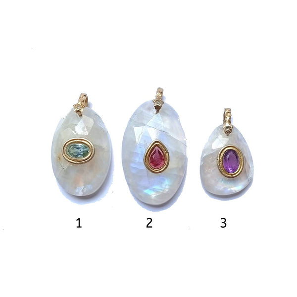 CHARM Moonstone facettée sertie Topaze, grenat ou Améthyste, bélière diamant, argent 925 plaqué or