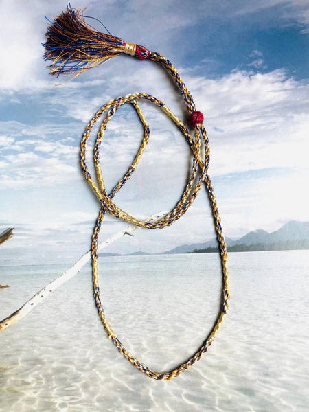 Cordon Pompon en soie multicolore pour charm's - bleu&orange