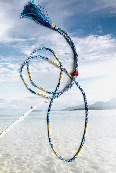 Cordon Pompon en soie multicolore pour charm's - Turquoise