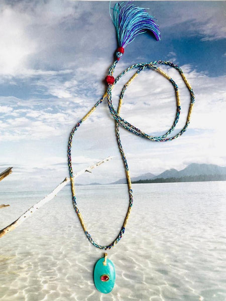 Cordon Pompon en soie multicolore pour charm's - Turquoise