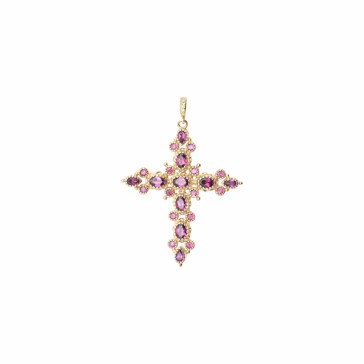 GRENADE Pendentif Croix Grenat Rhodolite doré à l'Or 24 cts 1 micron