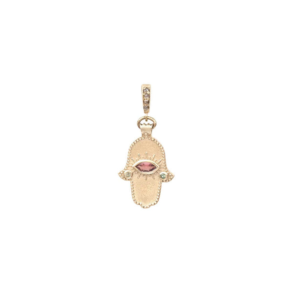 KHAMSA Charm Argent plaqué Or, bélière diamants - Rhodolite