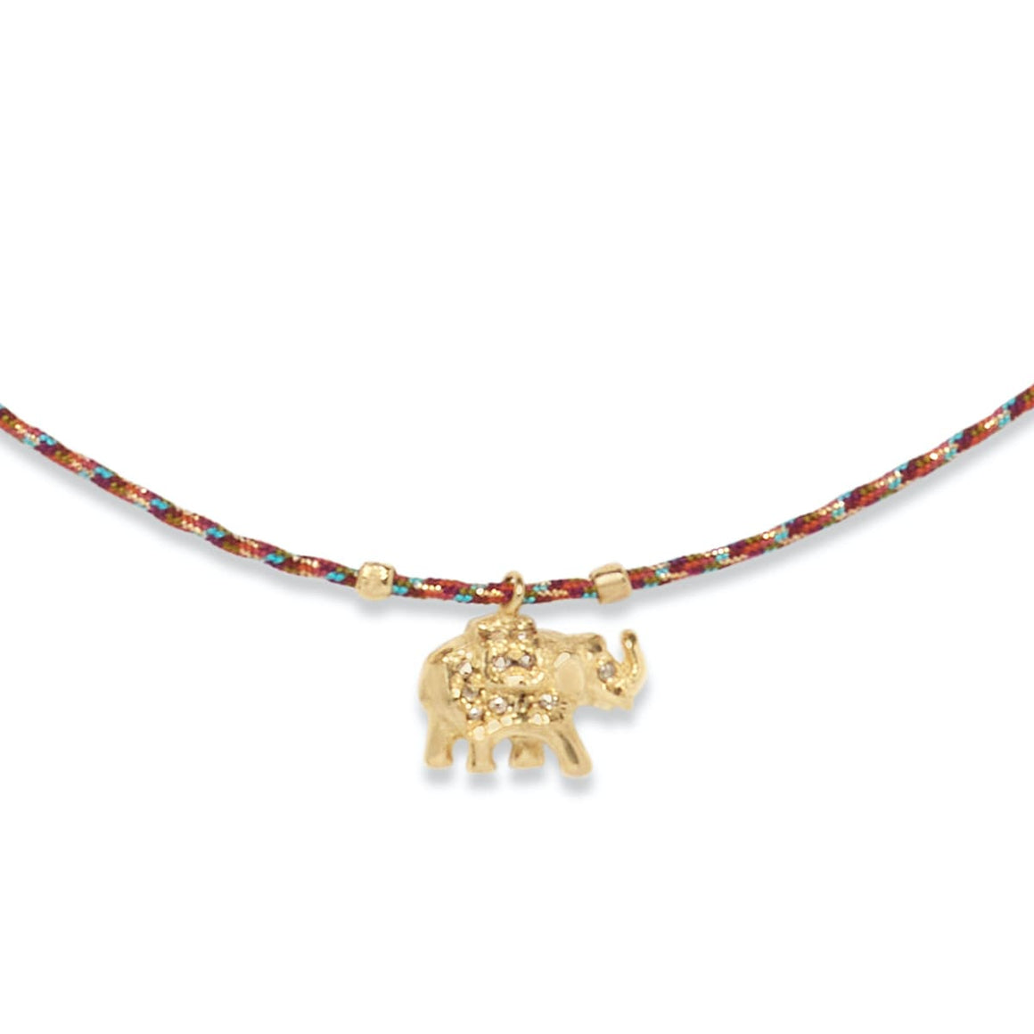 ELEPHANT Collier Diamants, Argent plaqué or 24 cts, cordon de soie rainbow