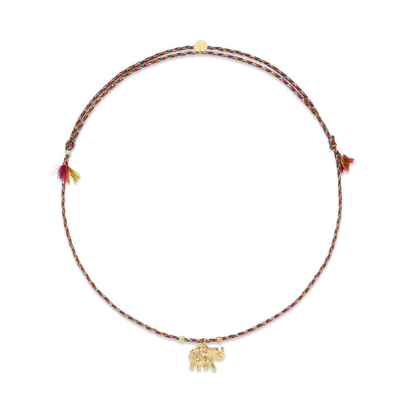 ELEPHANT Collier Diamants, Argent plaqué or 24 cts, cordon de soie rainbow