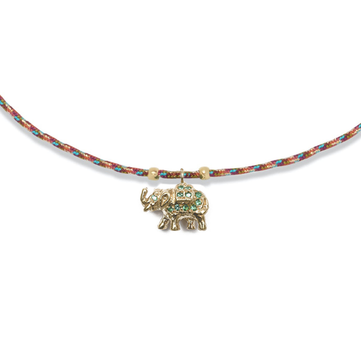 ELEPHANT Collier Diopsides, Argent plaqué or 24 cts, cordon de soie rainbow