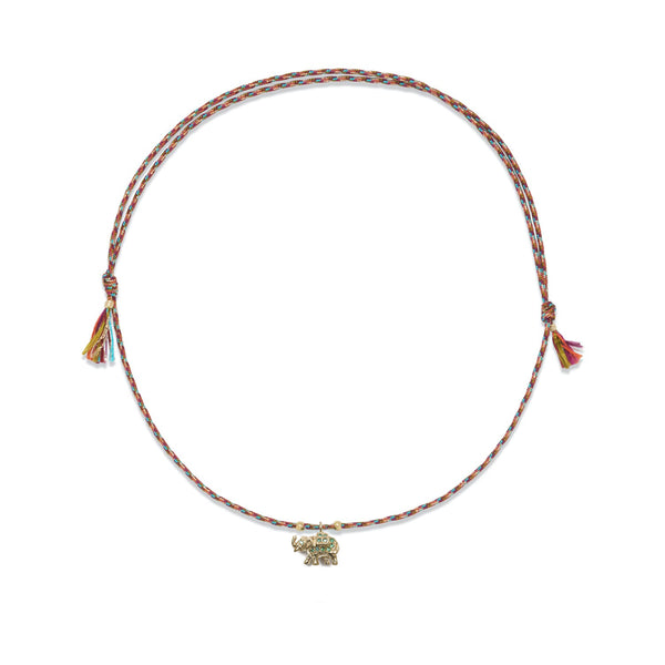 ELEPHANT Collier Diopsides, Argent plaqué or 24 cts, cordon de soie rainbow