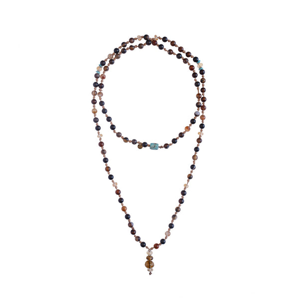 ETHNIC MALA Sautoir Perles Agates, Turquoises, Quartz, Argent