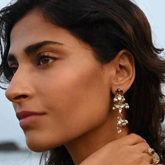 FAIRY Boucle d'oreille unique - Perles d'eau douce, Grenat, Argent 925 plaqué Or