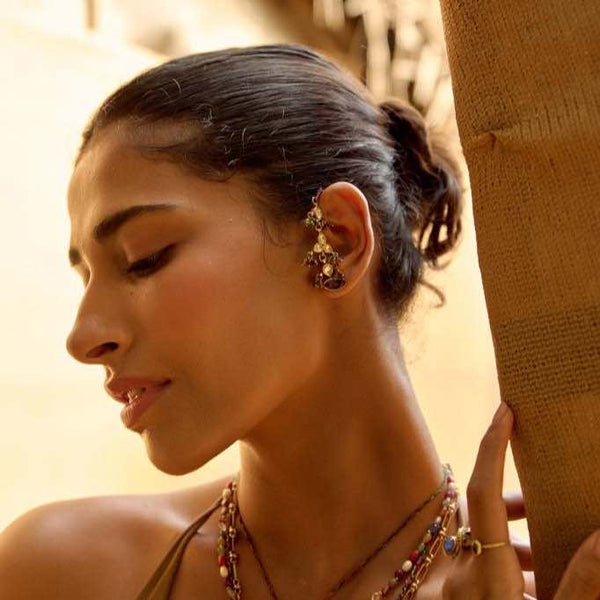 FAIRY Boucle d'oreille unique Tourmalines, Améthyste, Argent 925 plaqué Or