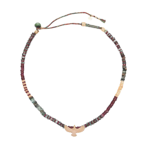 GARUDA Collier Aigle Emeraude Grenat Argent plaqué or
