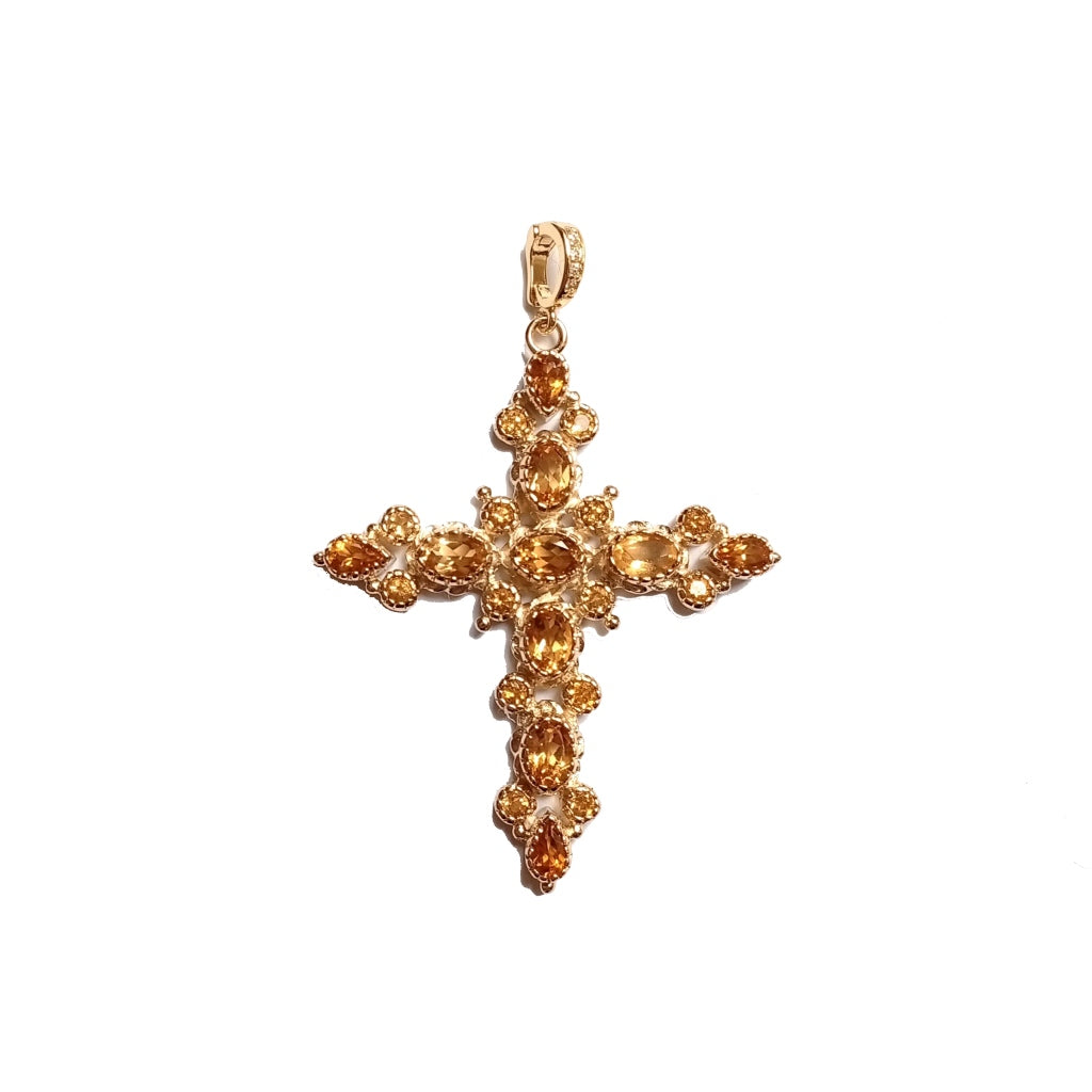 GRENADE Pendentif Croix Citrine doré à l'Or 24 cts 1 micron