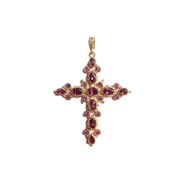GRENADE Pendentif Croix Grenat Rhodolite doré à l'Or 24 cts 1 micron