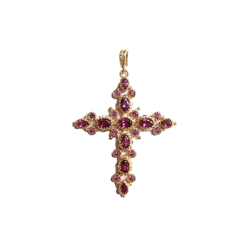 GRENADE Pendentif Croix Grenat Rhodolite doré à l'Or 24 cts 1 micron