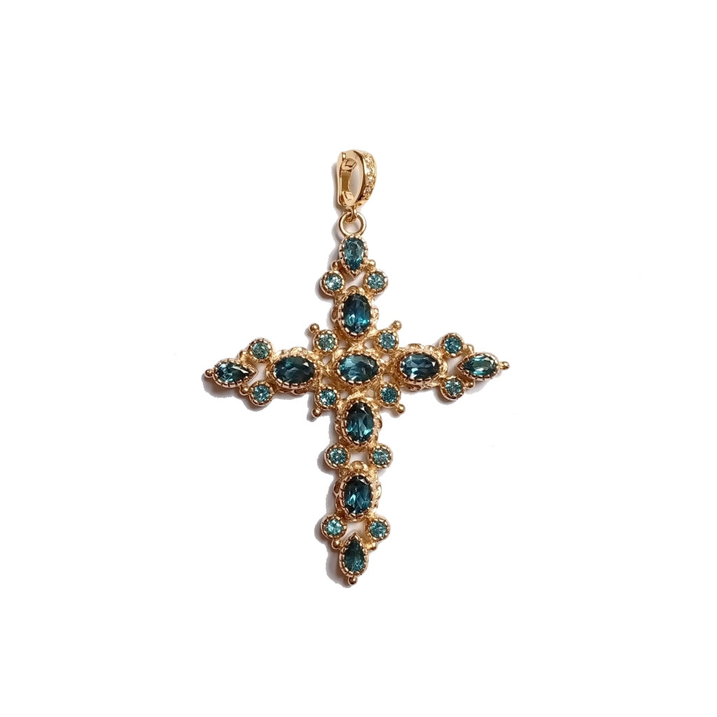 GRENADE Pendentif Croix Topaze Bleue doré à l'Or 24 cts 1 micron - PRE-COMMANDE