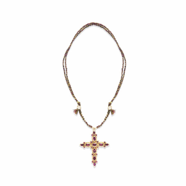 GRENADE Collier Croix Grenats, doré à l'Or 24 cts 1 micron