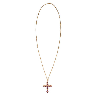 GRENADE Sautoir Croix Grenats, chaîne torsadée, doré à l'Or 24 cts