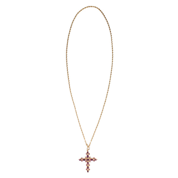 GRENADE Sautoir Croix Grenats, chaîne torsadée, doré à l'Or 24 cts