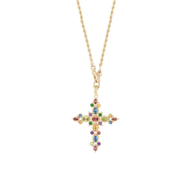 GRENADE Collier Croix Pierres fines multicolores, chaîne torsadée, Doré 24 ct