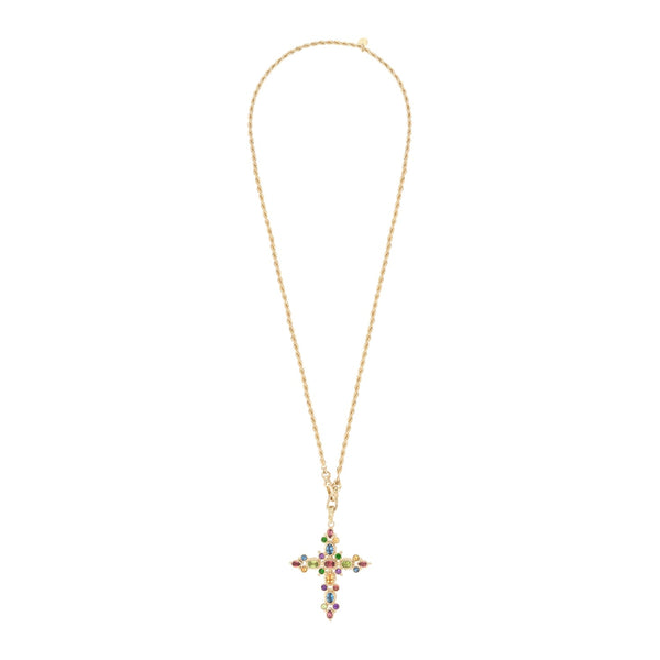 GRENADE Collier Croix Pierres fines multicolores, chaîne torsadée, Doré 24 ct