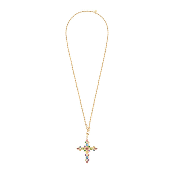 GRENADE Collier Croix Pierres fines multicolores, chaîne torsadée, Doré 24 ct
