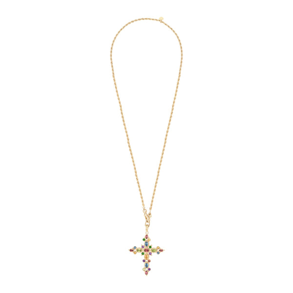 GRENADE Collier Croix Pierres fines multicolores, chaîne torsadée, Doré 24 ct
