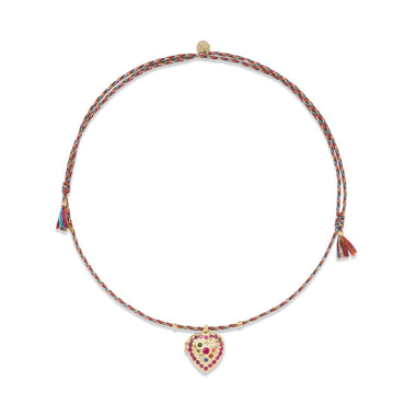 HEART LOCKET Collier Coeur Rubis, Diamant, Argent plaqué Or, cordon de soie rainbow
