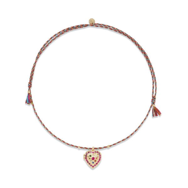 HEART LOCKET Collier Coeur Rubis, Diamant, Argent plaqué Or, cordon de soie rainbow