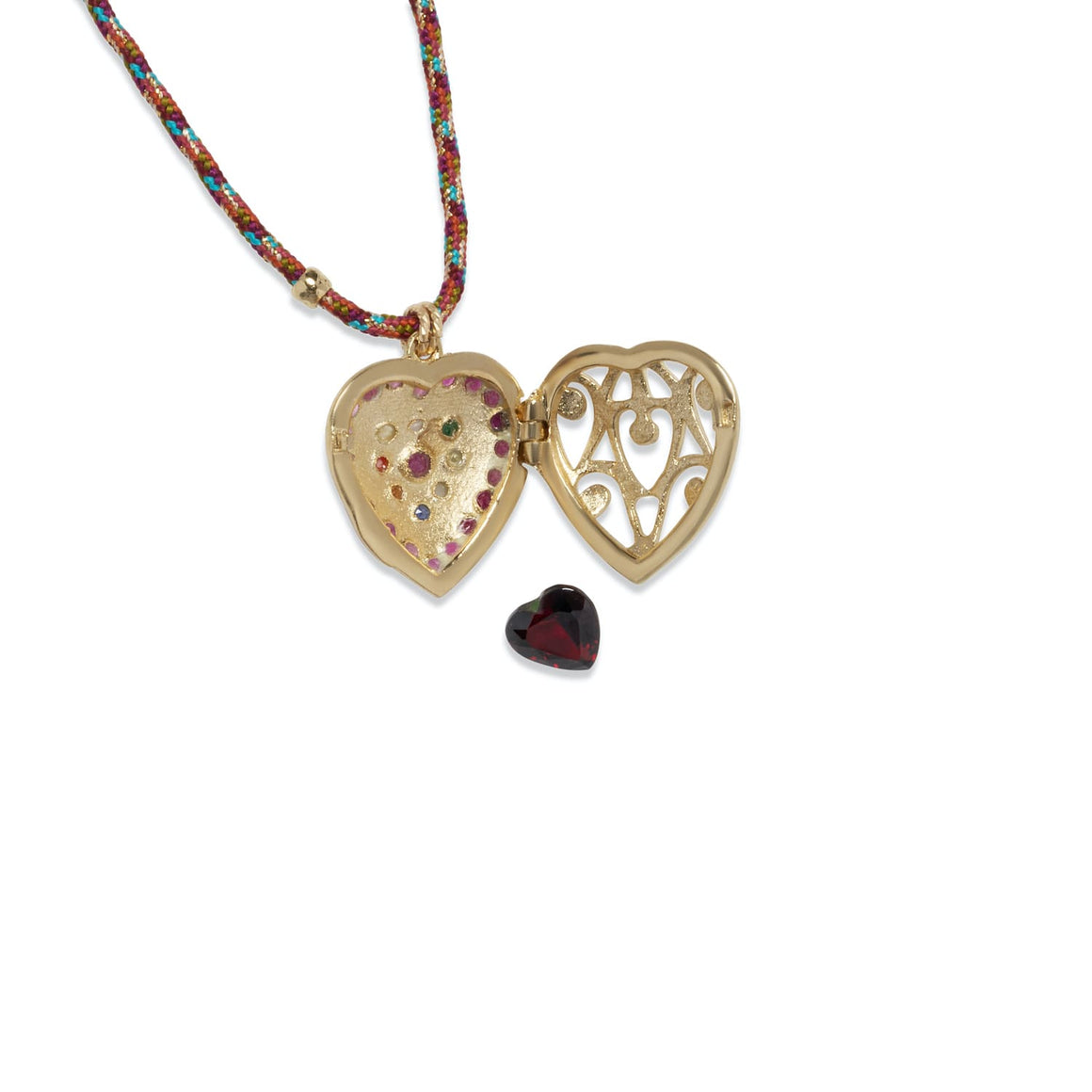 HEART LOCKET Collier Coeur Rubis, Diamant, Argent plaqué Or, cordon de soie rainbow