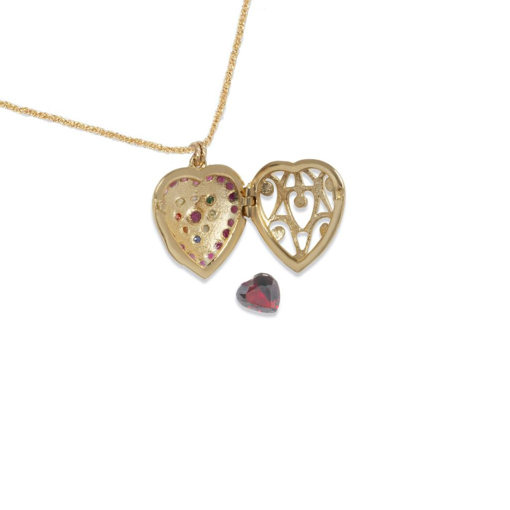 HEART LOCKET Collier Coeur Rubis, Diamant, Chaîne Argent plaqué Or 24 cts