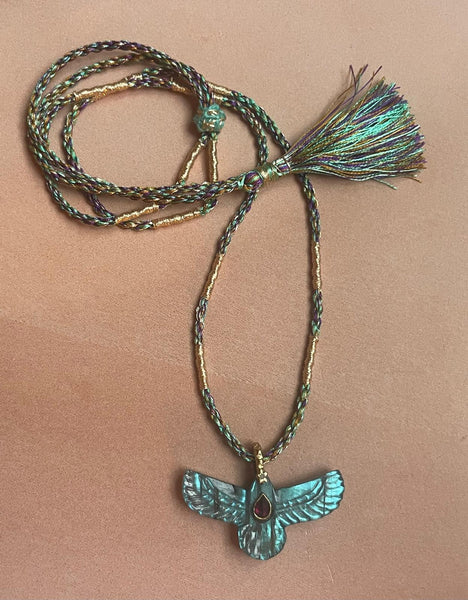 Cordon Pompon en soie multicolore pour charm's - turquoise, violet&moutarde