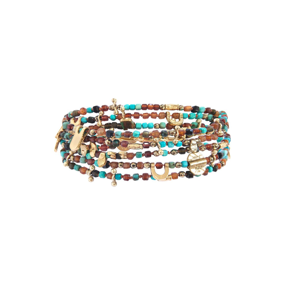 JINGLEE Multi-Wrap Bracelet, Turquoise, Hessonite & Obsidian Cubes, 24k Gold-Plated