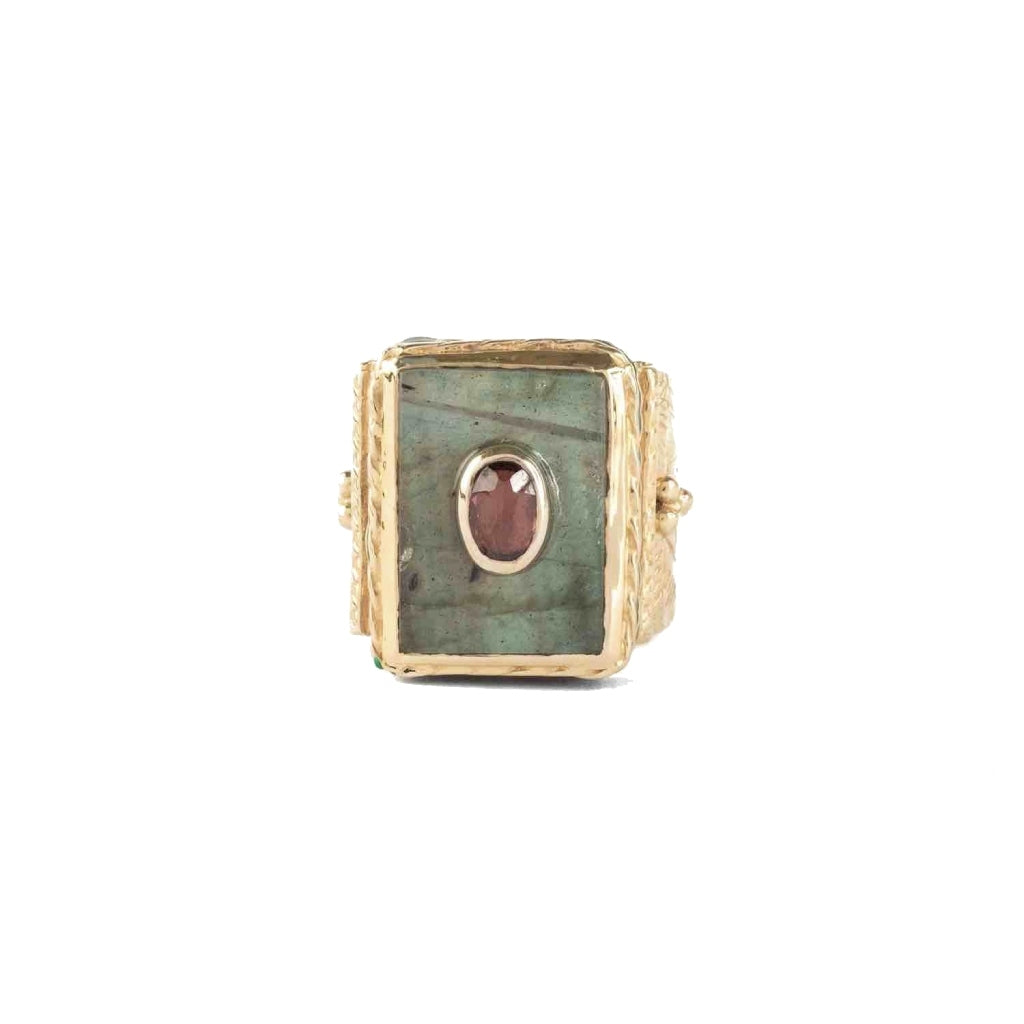 JULIET Bague Chevalière Gravée Labradorite Grenat