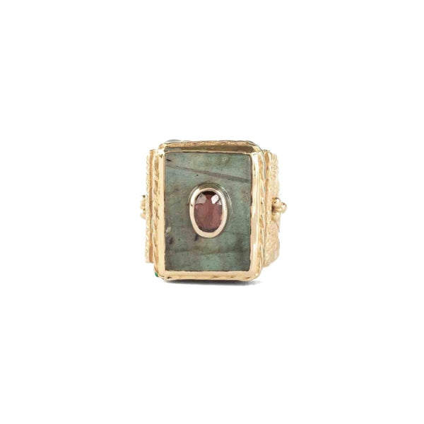 JULIET Bague Chevalière Gravée Labradorite Grenat