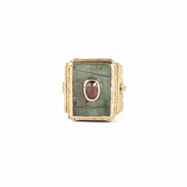 JULIET Bague Chevalière Gravée Labradorite Grenat