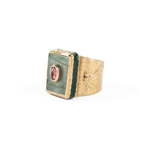 JULIET Bague Chevalière Gravée Labradorite Grenat