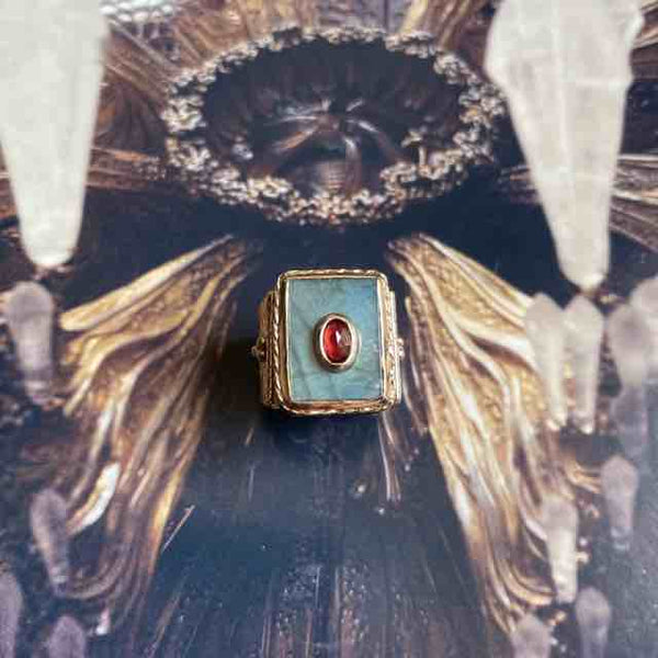 JULIET Bague Chevalière Gravée Labradorite Grenat Taille 54