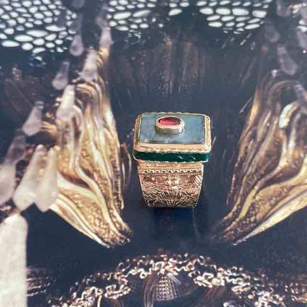 JULIET Bague Chevalière Gravée Labradorite Grenat Taille 54