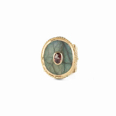 JULIET OVALE Engraved Labradorite & Garnet Signet Ring