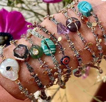 KASHA Bracelet macramé Quartz vert, Diamant Polki, argent plaqué or