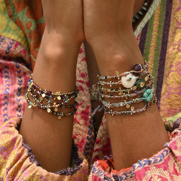 KASHA Bracelet macramé Quartz vert, Diamant Polki, argent plaqué or