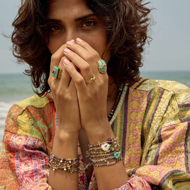 KASHA Bracelet macramé Perle d'eau douce et Tourmaline, argent plaqué or