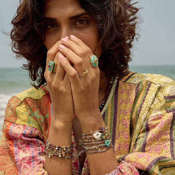 KASHA Bracelet macramé Quartz vert, Diamant Polki, argent plaqué or