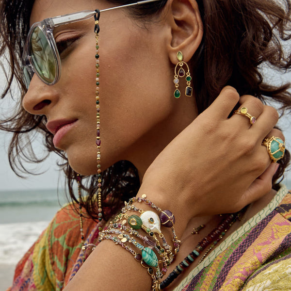 KASHA Bracelet macramé Quartz vert, Diamant Polki, argent plaqué or