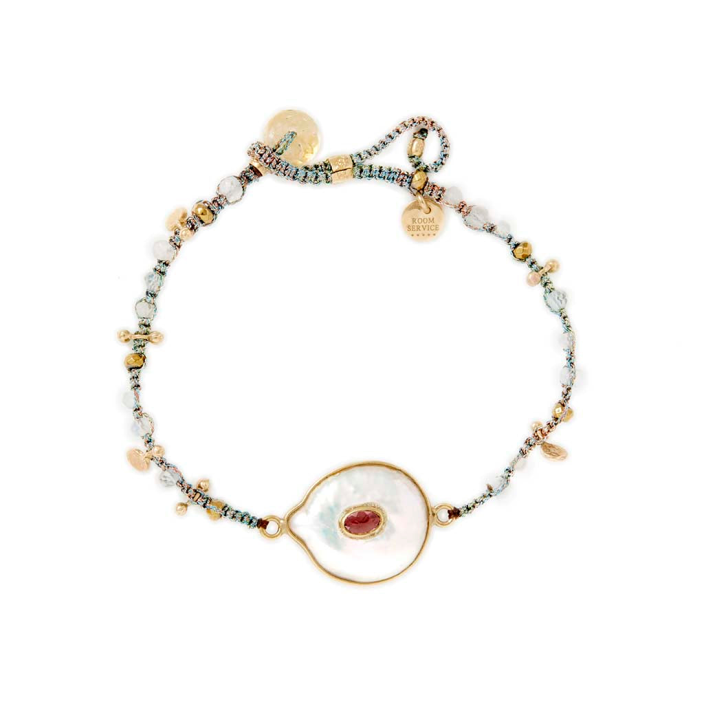 KASHA Bracelet macramé Perle d'eau douce et Tourmaline, argent plaqué or
